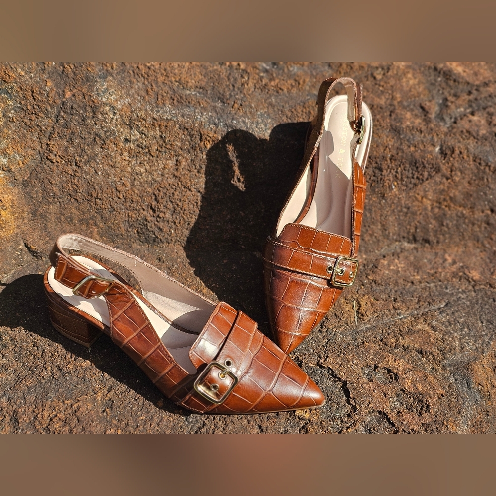 Preston & York Elegant Brown Croc-Embossed Slingback Heels Size 6M